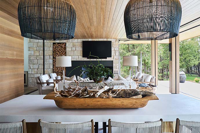 white lamps and black pendant lights